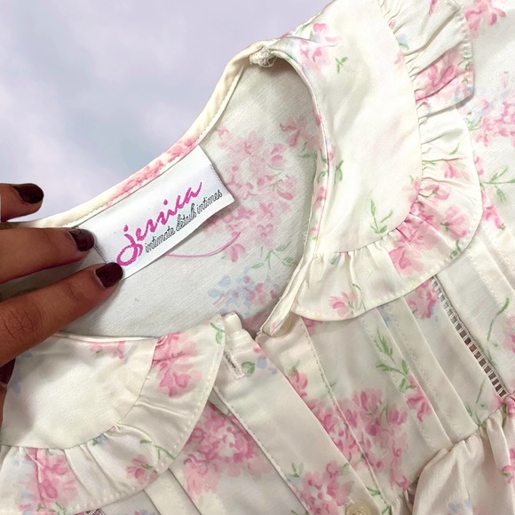 Vintage 1990s Jessica Floral Satin Lace Button Down Pajama Top - Picture 3 of 6